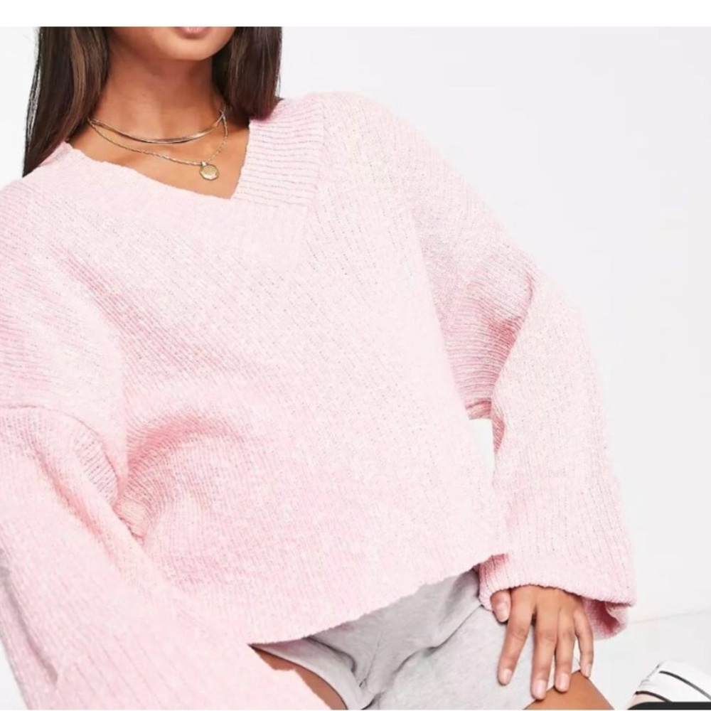 Maternity V-Neck Sweater With Turned-Back Cuffs In Pink